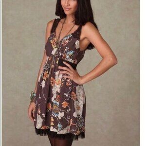 FREE PEOPLE BoHo Brown Orange Teal Lace Strap Floral Mini Dress Tull Trim Size 8